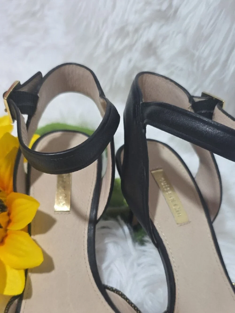 Louise et Cie Black Metallic Textured Pointed Ankle-Strap Heels